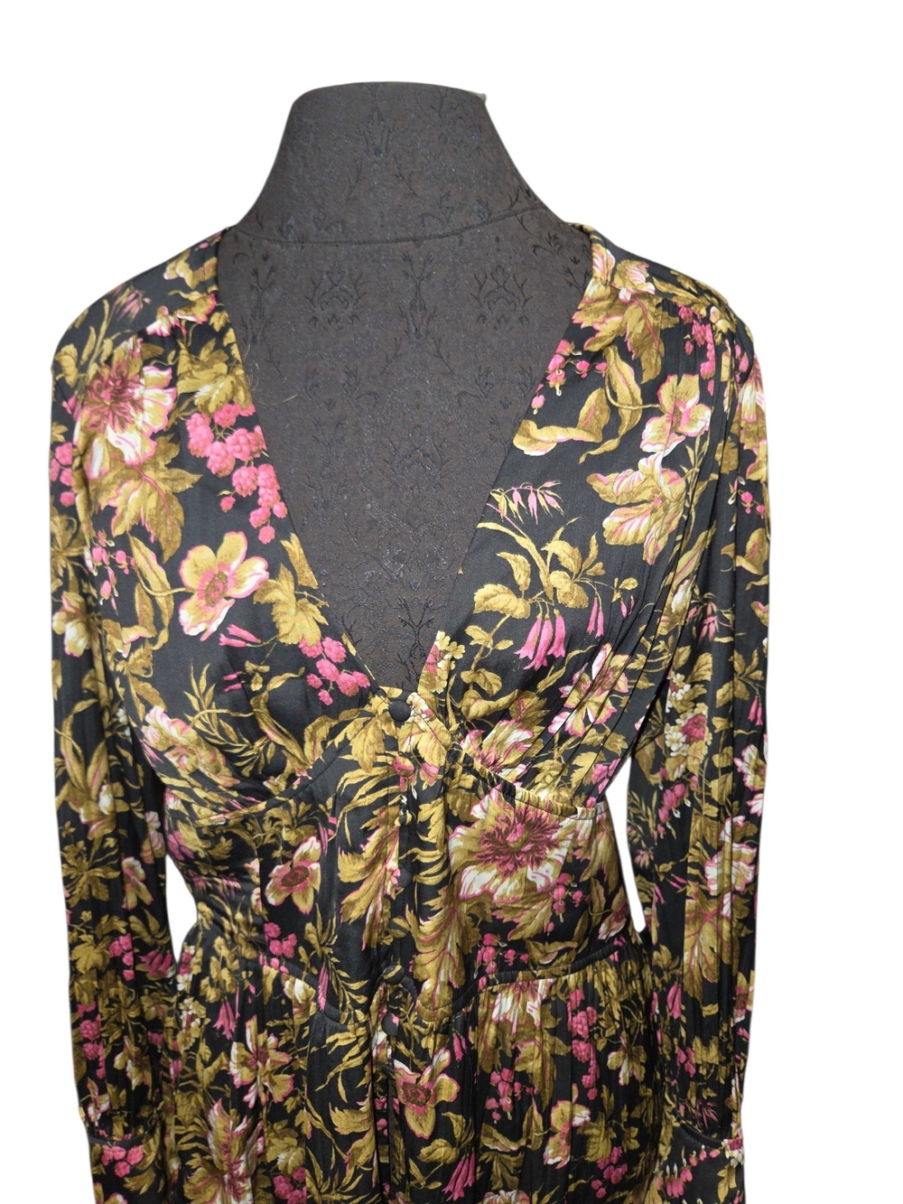 Anthropologie Black Floral V-Neck XL Long-Sleeve Blouse ruffle autumn fall - Picture 5 of 14